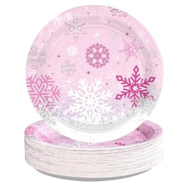 Imagem de 50 peças de pratos de papel congelados descartáveis de 18 cm, decorações de festa de floco de neve, rosa, natal, país das maravilhas para meninas, Natal, inverno, artigos de festa congelados