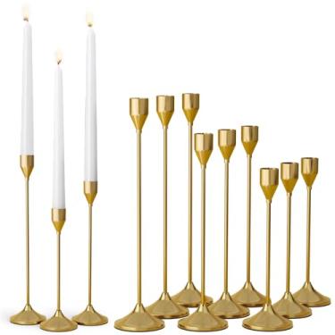 Imagem de Castiçal de metal dourado de latão, castiçal vintage, suporte de vela para decoração de casamento, jantar, festa, serve para velas de 1,9 cm de espessura e velas de LED (conjunto de 12 peças)