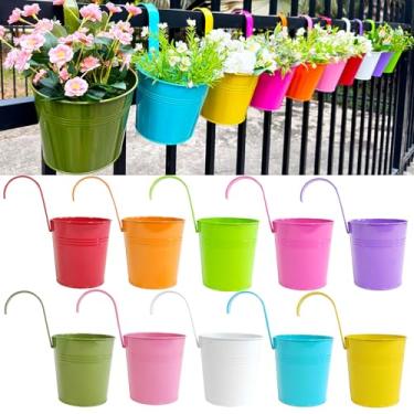 Imagem de Joyfernal Plantadores suspensos de 15 cm para plantas ao ar livre, pacote com 10 plantadores de corrimão de metal, vaso de flores de cerca de varanda com ganchos destacáveis, decoração de jardim