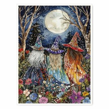 Imagem de Arte de parede de bruxa caprichosa – Pôster gótico floral de três mulheres sob lua cheia, tela mística de Halloween para decoração de quarto ou sala de jantar 30 x 40 cm sem moldura