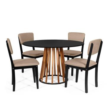 Imagem de Mesa De Jantar Redonda Gabi Nat/pret Com 4 Cadeiras Estofadas Ella Preto/marrom Claro