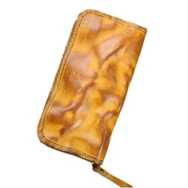 Imagem de Glorixen Carteira unissex de couro legítimo, à base de plantas, pintada à mão, estilo vintage envelhecido, presente com design de zíper de grande capacidade, Amarelo, Vintage