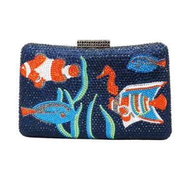 Imagem de DKQXEIM Bolsa feminina de cristal com estampa de peixe com glitter caixa quadrada de strass bolsa de ombro de diamante para festa de banquete, Azul marinho, Small