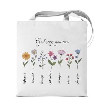Imagem de KSFFWQIN Sacola de lona inspiradora cristã para mulheres, floral, God Says You Are reutilizável, bolsa de ombro para compras, trabalho, viagem, afirmações positivas, presentes