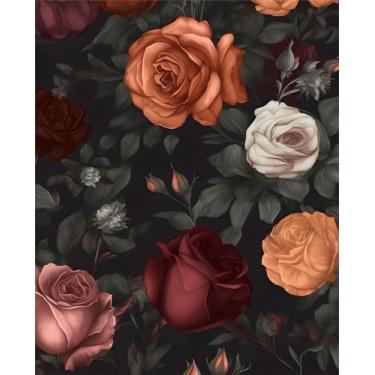 Imagem de Papel de parede floral vintage para contato floral rosa preta escura 43 cm x 93 cm à prova d'água autoadesivo boho flores laranja/vermelhas papel de parede mural para decoração de armário de escada de