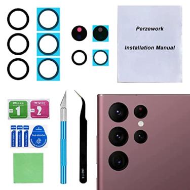Imagem de Perzework 2 conjuntos de reposição para lente traseira da câmera traseira para Samsung Galaxy S22 Ultra com adesivo pré-instalado e kit de ferramentas de reparo