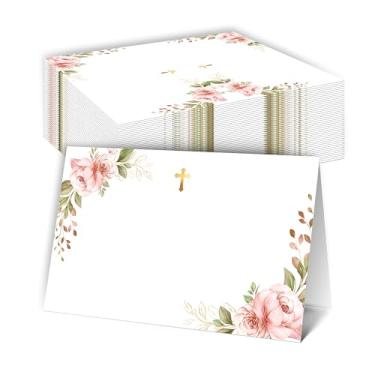 Imagem de DRWJPAT Cartões de batismo, cartão de nome floral em aquarela para configuração de mesa, 25 cartões de mesa religiosos para jantar de batismo de primeira comunhão, decorações de presentes de batismo