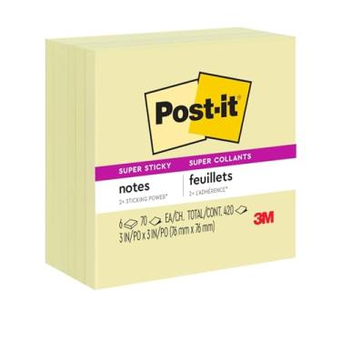Imagem de Post-it Notas super adesivas, 7,6 x 7,6 cm, 6 blocos, 2X The Sticking Power, amarelo canário (654-6SSCY)
