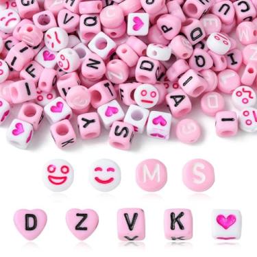 Imagem de MakemadeDIY 200 peças sortidas rosa contas redondas planas para fazer joias, cubo a granel, expressões de coração, contas espaçadoras de acrílico fofas para colares faça você mesmo, pulseiras, brincos