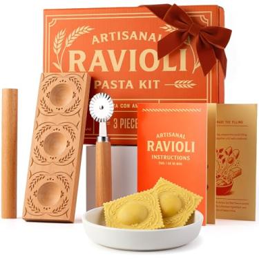 Imagem de Cooking Gift Set Co. Prensa artesanal de ravióli, molde de ravioli de madeira e máquina de massa, prensa de ravióli, roda de cortador de massa, ferramenta de fazer ravióli, conjunto de ferramentas