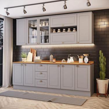 Imagem de Cozinha Compacta 7 Peças Com Aéreo 3 Portas Com Vidro Amy Casa 812 Cinza