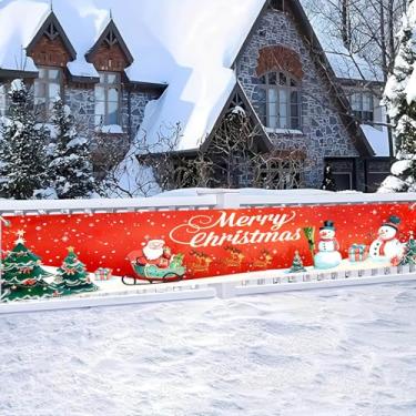 Imagem de HOMETITUTE Faixa de Feliz Natal 299,7 x 50,8 cm Grande Decoração de Natal Vermelha com Papai Noel Trenó Boneco de Neve Árvore de Natal Design Caixa de Presente para Cerca Externa Varanda Parede Fundo
