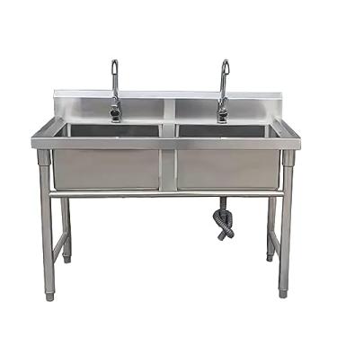 Imagem de Pia de aço inoxidável independente, pias de cozinha de tigela dupla, pia comercial/industrial e lavatório de mão para lavanderia (120 x 75 x 80 cm/47,2 x 29,5 x 31,4 cm)