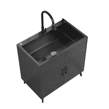 Imagem de Conjunto de pia e armário de cozinha, armário de armazenamento de porta dupla de madeira com pia de aço inoxidável, pia de suporte com torneira removível (750 x 450 mm/29,5 x 17,7 cm, preto)