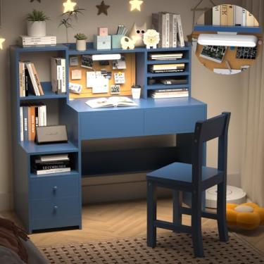 Imagem de RUPOLX Wooden Blue Kids Study Desk and Chair Set with Light, 4 Drawers and Storage Cabinets, Children Desk with Hutch and Shelves, Girls Study Desk for Kids Bedroom-002
