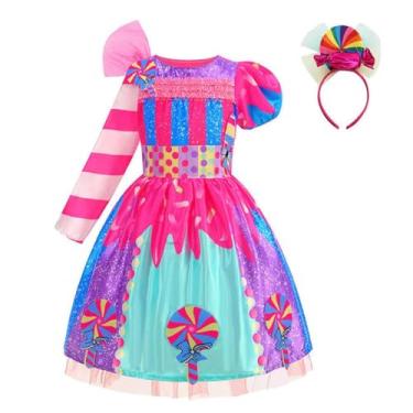 Imagem de kowaku Vestido infantil de doces com estampa de arco-íris para cosplay, festa, apresentação e casamento, L
