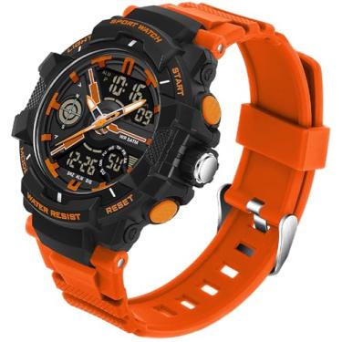 Imagem de Relógios masculinos coloridos esportivos ao ar livre à prova d'água relógio de rosto grande para homens com alarme de LED, data, mostrador duplo, cronômetro laranja, Laranja, Casual