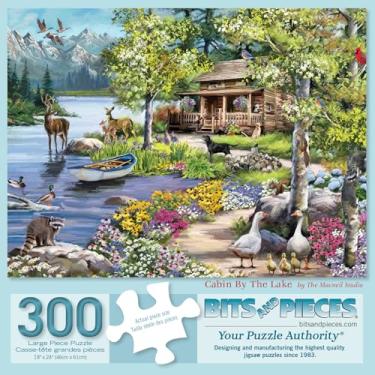 Imagem de Bits and Pieces - Quebra-cabeça de 300 peças para adultos 45,72 cm x 60,96 cm – Cabin by The Lake – 300 peças Quebra-cabeça floresta animal floresta da floresta pelo artista The Macneil Studio