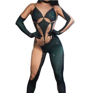 Imagem de Yoyomomozi Novo macacão estampado com strass, luvas verdes, sexy, apresentação, apresentação, palco, clube, festa, aniversário, fantasia, elastano (verde)