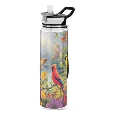 Imagem de ATTX Garrafa de água colorida de jardim de pássaros, 946 ml, à prova de vazamento e livre de BPA, garrafas de água reutilizáveis de plástico Tritan para viagens, academia, corrida de fitness #522