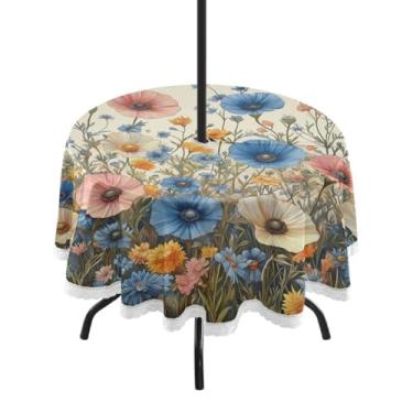 Imagem de ATTX Toalha de mesa redonda com flores pastel para ambientes externos – 152 cm, impermeável, à prova de derramamento, uso interno/externo, com orifício para guarda-chuva com zíper para acampamento