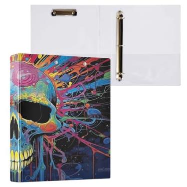 Imagem de ATTX Fichário de caveira colorida com 3 anéis de 3 cm para papel tamanho carta, 21,6 cm x 28 cm, fichários de três anéis com prancheta para material de escritório #86