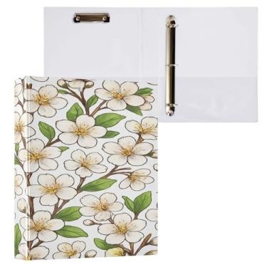 Imagem de Blueangle Fichário de 3 anéis com flores de cerejeira branca com prancheta e 2 bolsos - Organizador de documentos decorativos de 3 cm para escritório, suprimentos para reuniões (882)