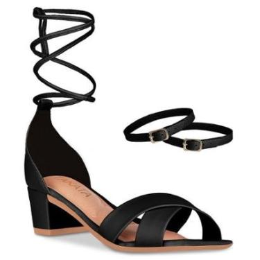 Imagem de Sandália Feminina Salto Grosso Bloco Quadrado Baixo Tiras Cruzada Com Amarração-Feminino