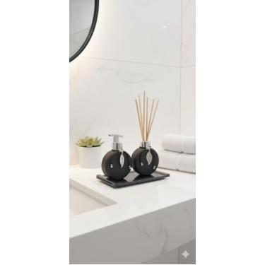 Imagem de Kit Lavabo Luxo Preto Fosco: Difusor de Ambiente e Porta Sabonete Líquido com Pena Prateada | Decoração Banheiro Moderna e Sofisticada