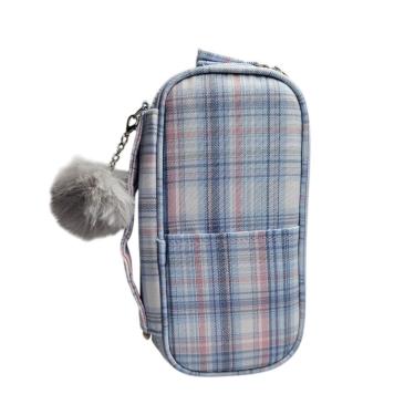 Imagem de Estojo Box Grande Escolar Xadrez Azul Pompom Organizador Fofo Volta as Aulas Resistente Juvenil Leve