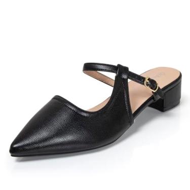 Imagem de qibusleen Sandálias femininas de bico fino com alça ajustável de 3,5 cm salto baixo grosso salto casual chinelo feminino vestido de couro diário Sling Back Mule Shoes, Preto clássico, 35