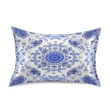 Imagem de Wassud Fronha de cetim floral azul branca para cabelo e pele fronhas de seda lisa tamanho padrão capas de travesseiro respiráveis com fecho de envelope