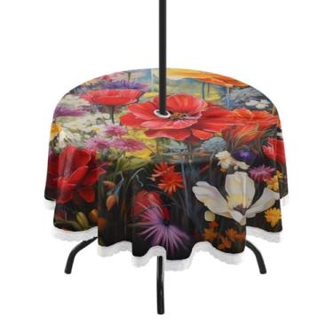Imagem de CEBUGI Toalha de mesa redonda para uso ao ar livre, flores silvestres, impermeável, com furo Umberlla, capa de mesa lavável para pátio, cozinha, sala de jantar, 152 cm