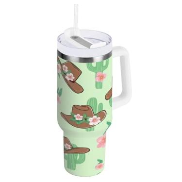 Imagem de Kigai Copo de 1,134 g com alça, chapéus de cowboy florais isolados com tampa e canudo, garrafa de água esportiva de metal grande, caneca de café de viagem de aço inoxidável