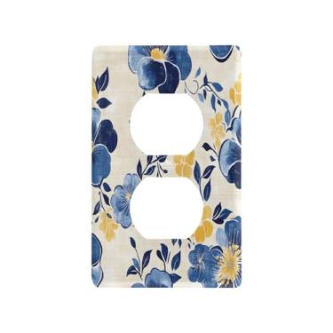 Imagem de Wassud Placa de cobertura de interruptor de luz azul floral elegante decorativa capas de tomada placa de parede para tomadas elétricas duplex 4,53 x 2,76 polegadas