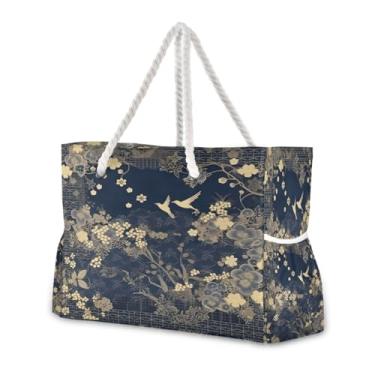Imagem de Wassud Bolsa de praia com design de flores e pássaros, bolsa de praia grande para mulheres, impermeável, à prova de areia, bolsa de viagem com zíper e bolso para piscina, academia, acampamento