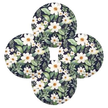 Imagem de Wassud Jogo americano conjunto de 4 tapetes redondos de flores brancas e folhas verdes para cozinha e jantar tapetes laváveis resistentes ao calor para decoração de mesa 39 cm