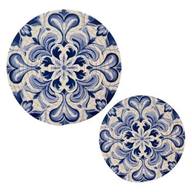 Imagem de Wassud Conjunto de trivet de azulejo azul e branco para pratos quentes, suportes redondos de algodão, almofadas quentes, porta-copos elegantes, decoração de cozinha e acessórios, 2 peças