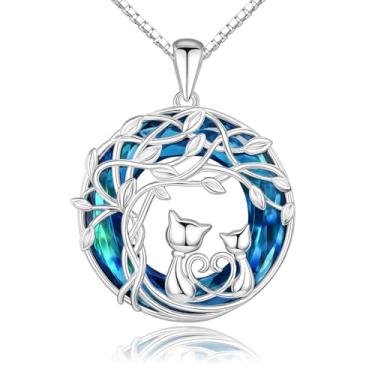 Imagem de SUPAC Colar com pingente de gato árvore da vida celta, cristal azul, 3 x 2,4 cm - presente para amantes de gatos, joia para mulheres