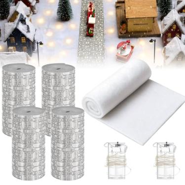 Imagem de VitalCozy 7 peças de acessórios de exibição de neve de vila natalina com rolo de cobertor de neve de Natal de 0,9 x 2,5 m, 4 rolos de estradas de paisagem de vila, 2 luzes LED para decoração de férias
