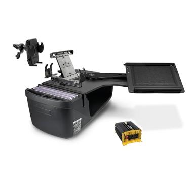 Imagem de AutoExec Reach Desk Banco traseiro lado esquerdo para sua estação de trabalho de veículo e escritório móvel, preto, com inversor de potência de 400 watts, suporte de impressora, suporte para tablet e