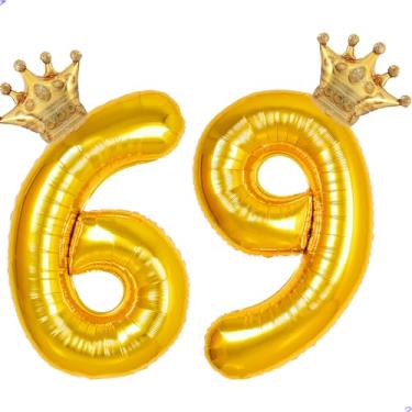 Imagem de 69 balões com números dourados de 101,6 cm para decorações de aniversário de 69 anos para homens e mulheres, balões gigantes jumbo Mylar de 69 anos