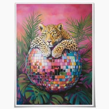 Imagem de Arte de parede em tela leopardo em bola de discoteca - Folhas de palmeira tropical, fundo rosa vibrante, impressão retrô para sala de estar, quarto, decoração de parede glamourosa, 20,3 x 25,4 cm, sem