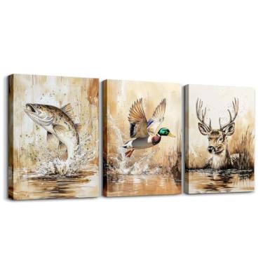 Imagem de Arte de parede infantil em tela de pato de pesca de veado para sala de estar quarto 30,5 x 40,6 x 3 peças, tema de caça, decoração de escritório, pôsteres, chifres, decoração de parede para decoração