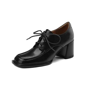 Imagem de TinaCus Sapato Oxford feminino feito à mão de couro legítimo bico quadrado salto médio bloco, Preto, 36