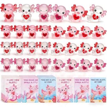 Imagem de GGSTDDUP 30 Pcs Luminous Mini Resin Axolotl, Valentine's Day Tiny Axolotl Figurines Miniature Animal Charm Ornament with 30 pcs Gifts Cards for Fairy Garden Landscape Aquarium Potted Birthday