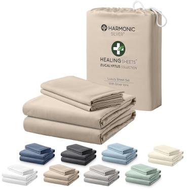 Imagem de HARMONIC SILVER Coleção Eucalyptus Lençol King Size Dividido com Íons de Prata | 100% Tencel | Ultra Macio | Refrigerante para Dormir Quente | Bolso profundo de 45,7 cm [Duna]