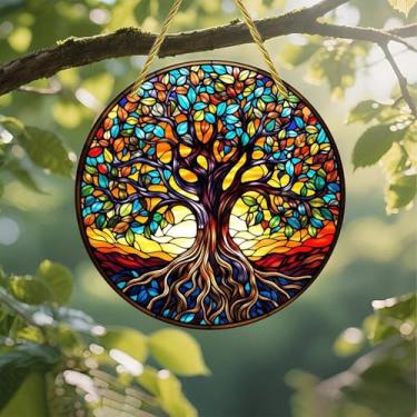 Imagem de Acrílico colorido Suncatcher, árvore da vida de vitral 18 cm, decoração de parede de janela suspensa com design de vitral impresso, ideia de presente e ornamento de jardim, uso interno e externo