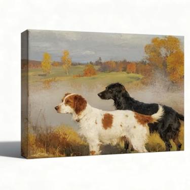 Imagem de Arte de parede em tela de pintura a óleo – Dois cães de caça no campo de outono, arte de paisagem para animais de estimação, decoração rústica de casa de fazenda, decoração de parede de cabana