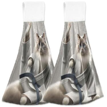 Imagem de TSENQUE Cat Karate Toalha de mão engraçada pendurada para cozinha conjunto de 2 toalhas de cozinha decorativas macias e absorventes, 46 x 35 cm